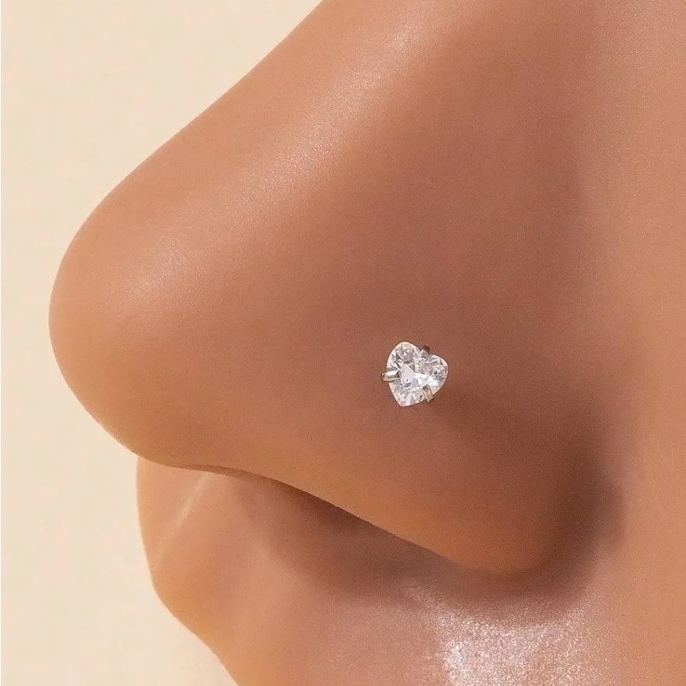 925 STERLING SILVER CZ HEART Stud Nose Ring straight ball end stud 22 gauge